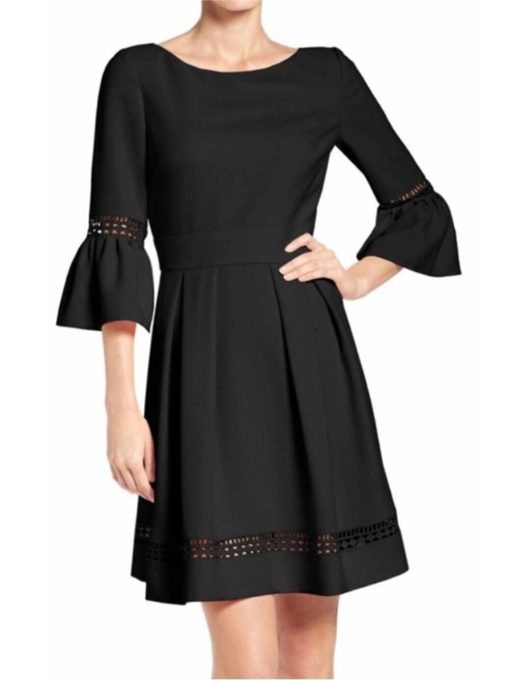 NWT Eliza J Black Long Sleeve A-Line Dress with Eyelet Trim
